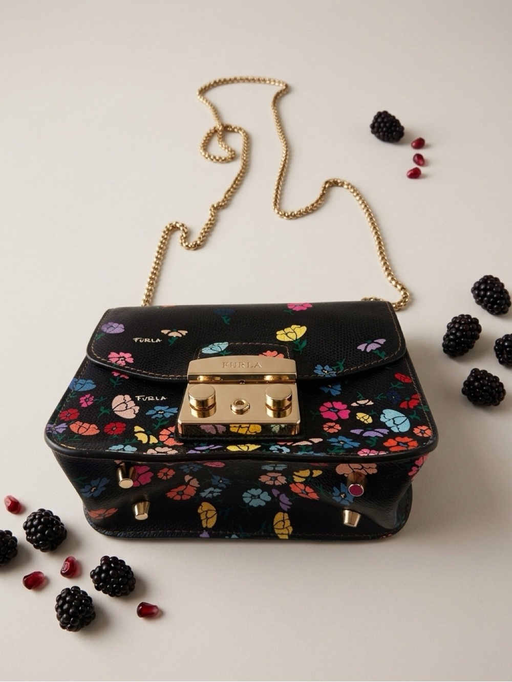 AUTHENTIC Furla Black Floral Leather Mini Crossbody with Gold Chain 2017